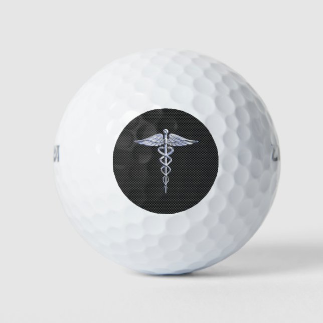 Chrome Caduceus Medical Symbol Carbon Fibre Print Golf Balls (Front)