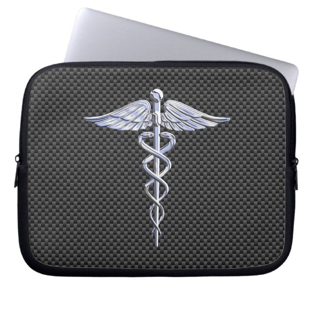 Chrome Caduceus Medical Symbol Carbon Fibre Print Laptop Sleeve (Front)