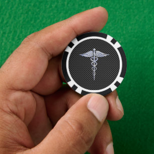 Chrome Caduceus Medical Symbol Carbon Fibre Print Poker Chips