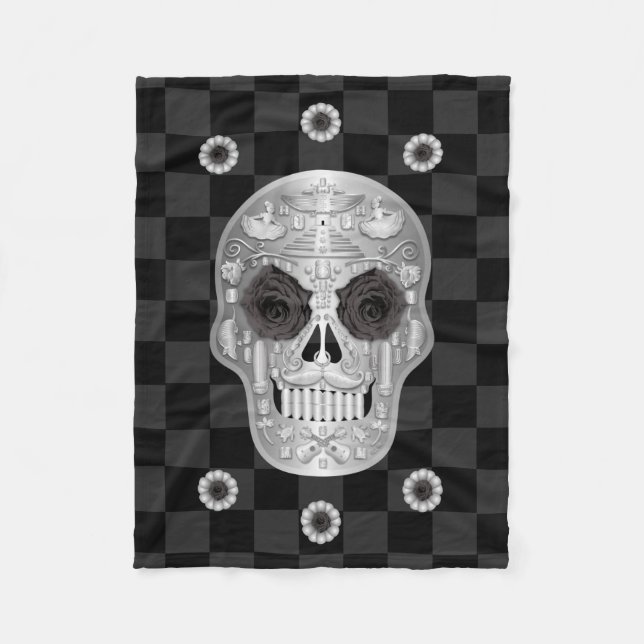 Chrome Calavera (Black Rose) Fleece Blanket (Front)