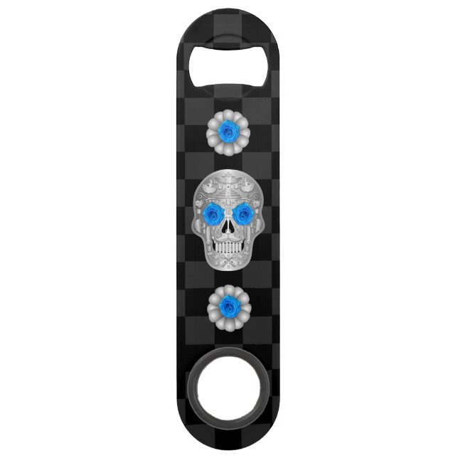 Chrome Calavera (Blue Rose) Bar Key (Front)
