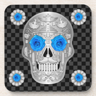 Chrome Calavera (Blue Rose) Beverage Coaster