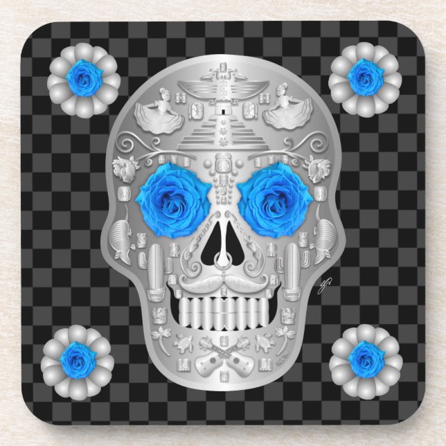 Chrome Calavera (Blue Rose) Beverage Coaster (Front)