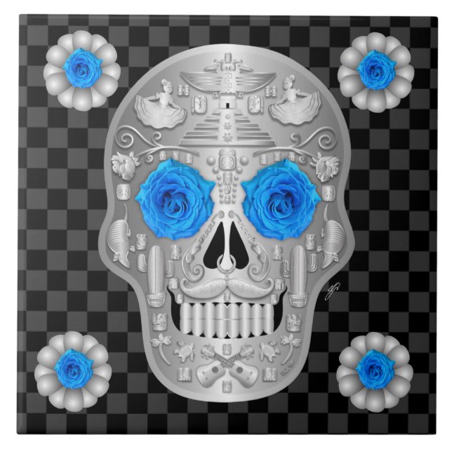 Chrome Calavera (Blue Rose) Beverage Coaster (Front)