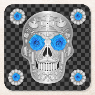 Chrome Calavera (Blue Rose) Beverage Coaster