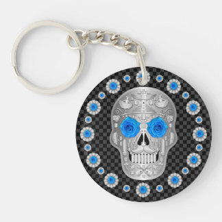 Chrome Calavera (Blue Rose) Key Ring