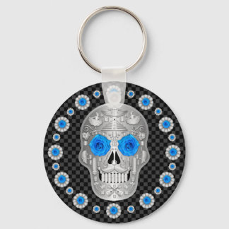 Chrome Calavera (Blue Rose) Key Ring
