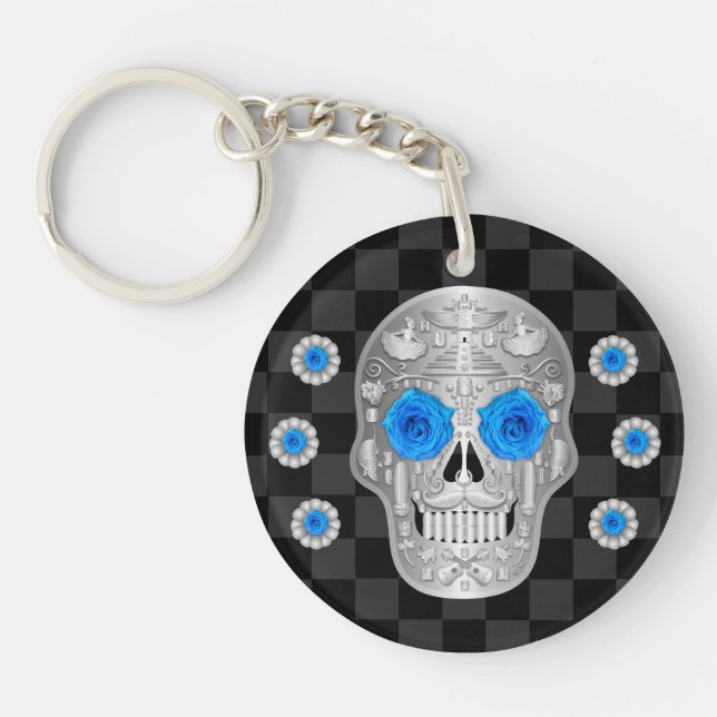 Chrome Calavera (Blue Rose) Keychain (Front)