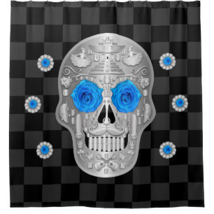 Chrome Calavera (Blue Rose) Shower Curtain