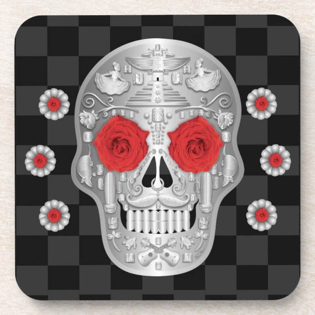 Chrome Calavera (Red Rose) Beverage Coaster (Front)
