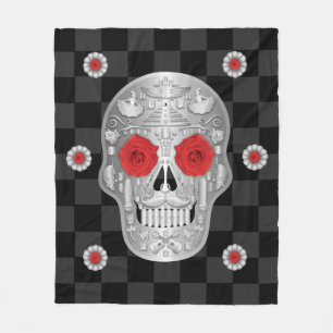 Chrome Calavera (Red Rose) Fleece Blanket