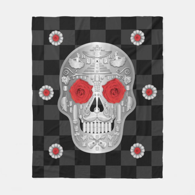Chrome Calavera (Red Rose) Fleece Blanket (Front)
