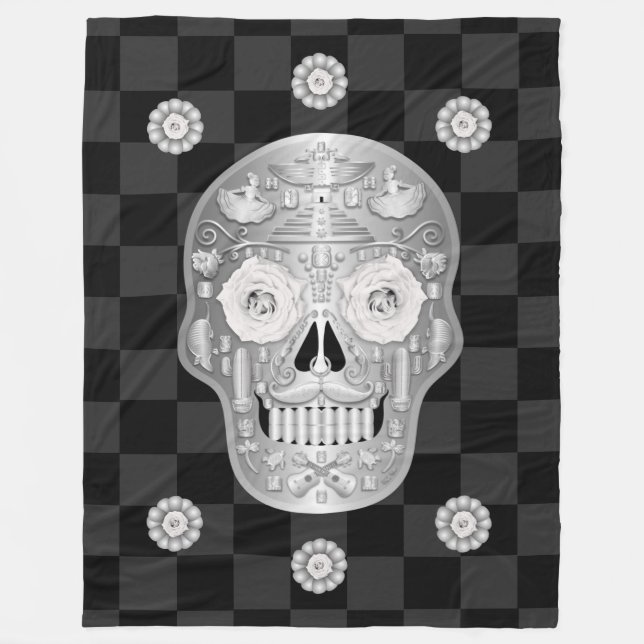Chrome Calavera (White Rose) Fleece Blanket (Front)