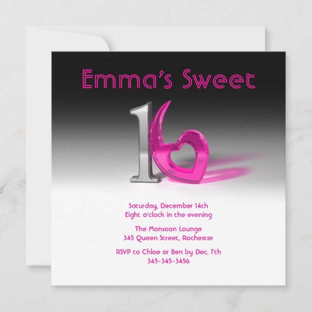 Chrome & Candy Pink Sweet 16 Invitation (Front)