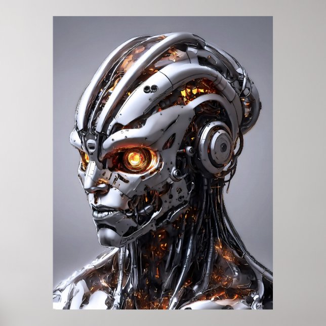 Chrome Cyborg Orange Glow Sci-Fi AI Portrait Poster (Front)