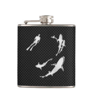 Chrome Diver n Sharks on Carbon Fibre Print Hip Flask