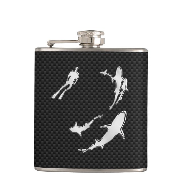 Chrome Diver n Sharks on Carbon Fibre Print Hip Flask (Front)