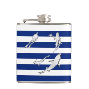 Chrome Diver n Sharks on Navy Stripes Hip Flask
