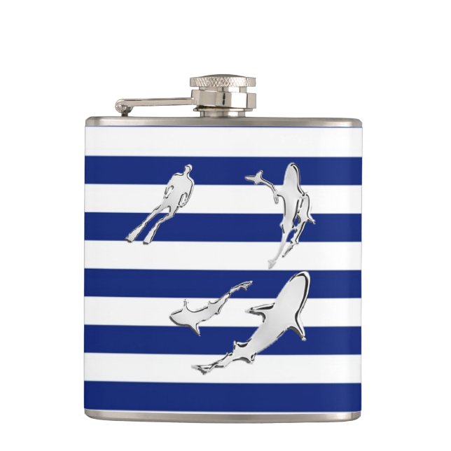 Chrome Diver n Sharks on Navy Stripes Hip Flask (Front)