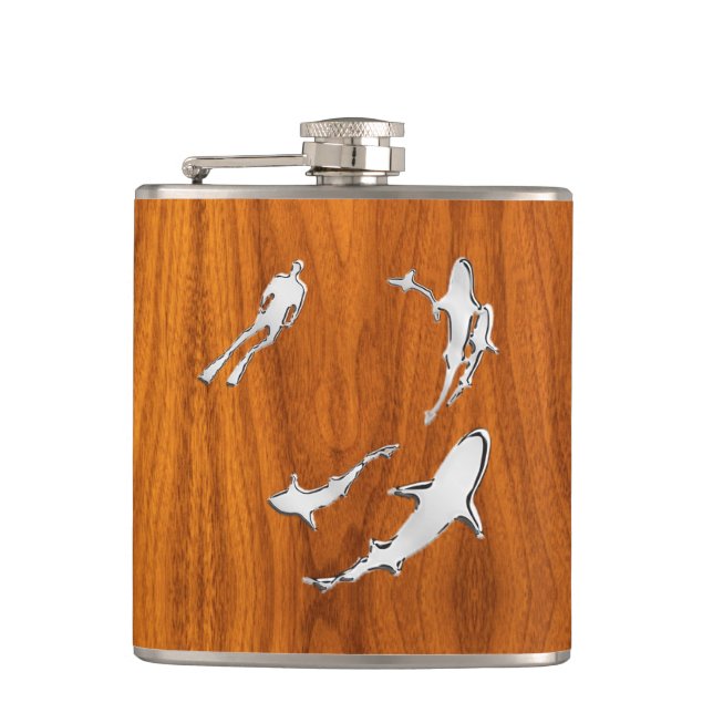 Chrome Diver n Sharks on Teak Print Hip Flask (Front)