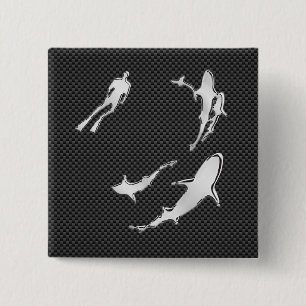 Chrome Diver with Sharks on Carbon Fibre 15 Cm Square Badge