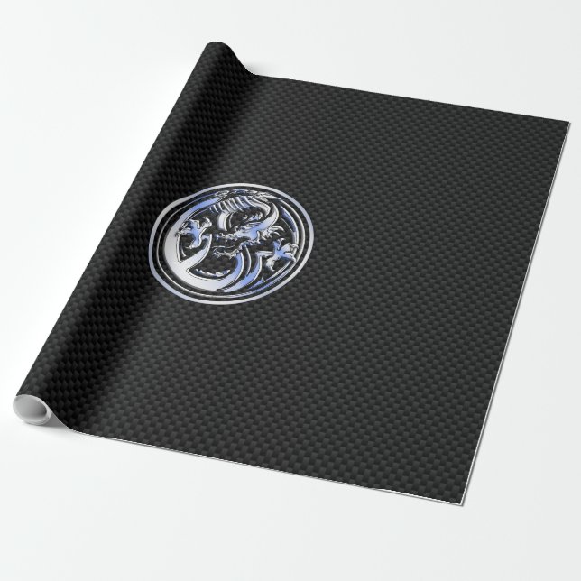 Chrome Dragon Crest dark Carbon Fibre Print Wrapping Paper (Unrolled)