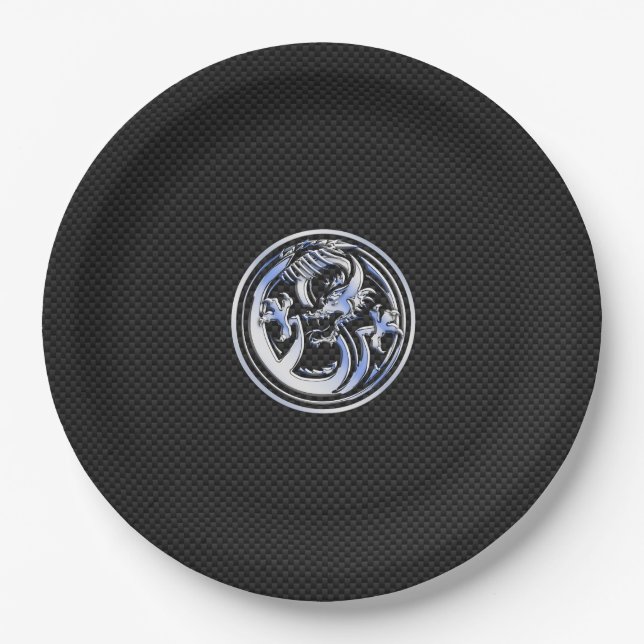 Chrome Dragon Crest in Carbon Fibre Print Paper Plate (Front)