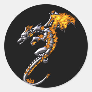 Chrome Dragon with Flames Classic Round Sticker