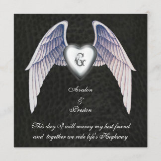 Chrome & Faux Leather Winged Heart Invitation