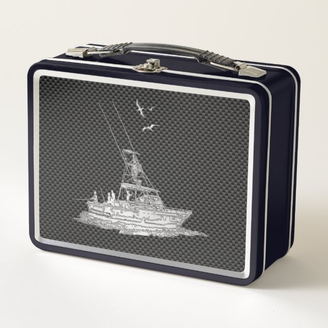 Chrome Fishing Boat on Carbon Fibre Decor Metal Lunch Box (Front)