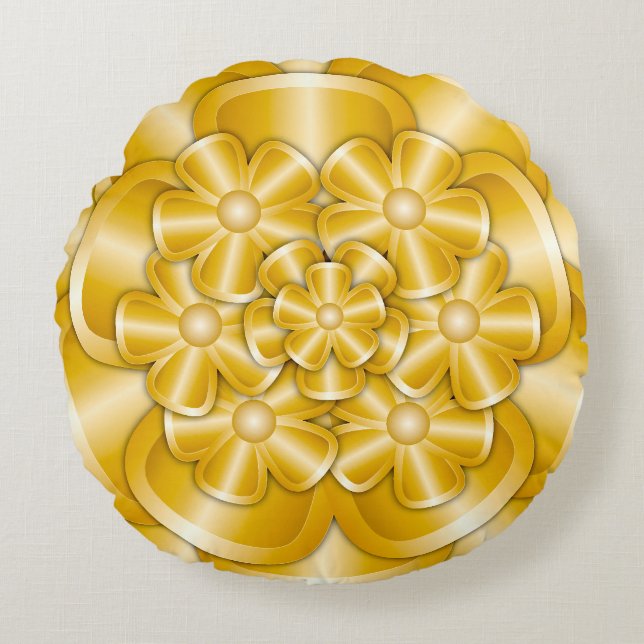 Chrome Flowers - Gold Round Pillow (Front)