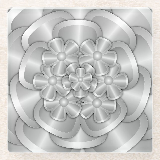 Chrome Flowers - Silver Glass Coaster (Front)