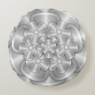 Chrome Flowers - Silver Round Pillow