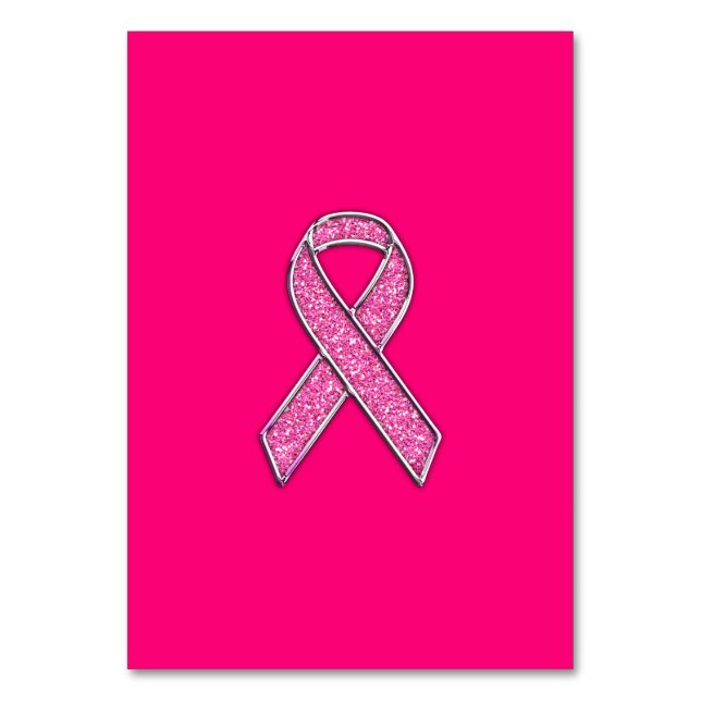 Chrome Glitter Style Pink Ribbon Awareness Table Number (Front)