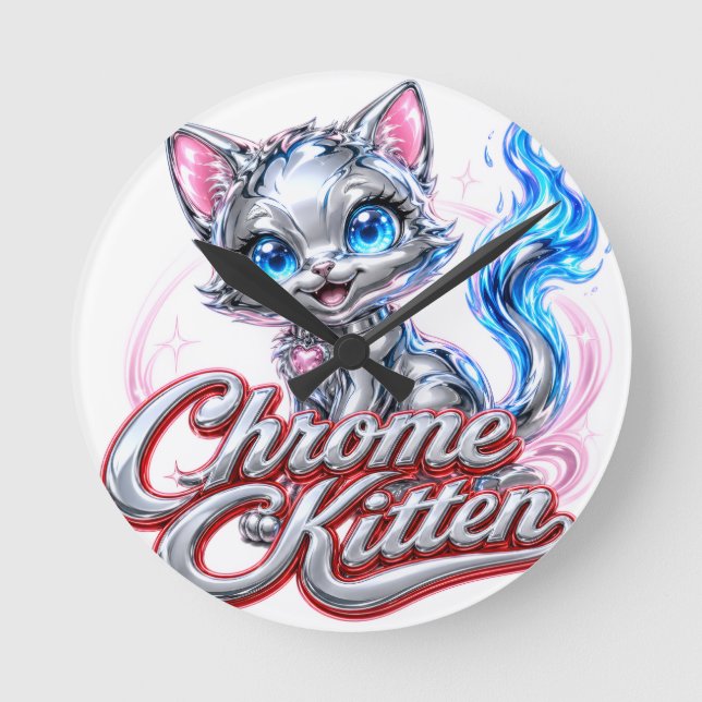 Chrome Kitten Wall Clock (Front)
