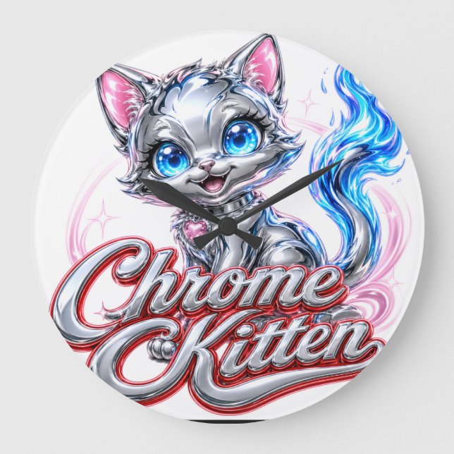 Chrome Kitten Wall Clock-Acrylic Large Clock (Front)