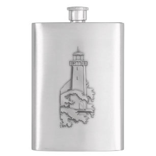 Chrome Lighthouse Nautical Print Hip Flask