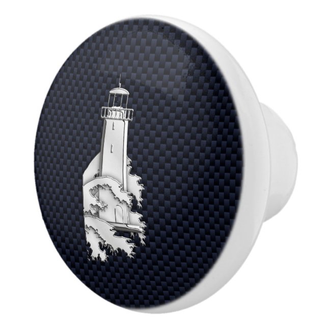 Chrome Lighthouse on Navy Carbon Fibre Print Ceramic Knob (Right)