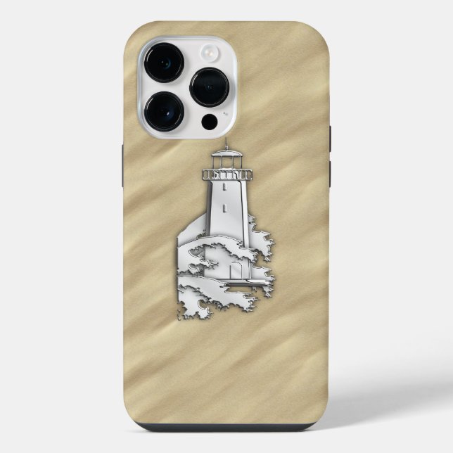 Chrome Lighthouse on Sandy Beach Print iPhone Case (Back)
