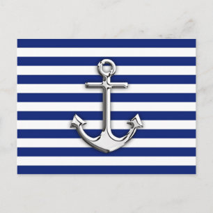 Chrome Like Anchor Design on Navy Stripes Postcard