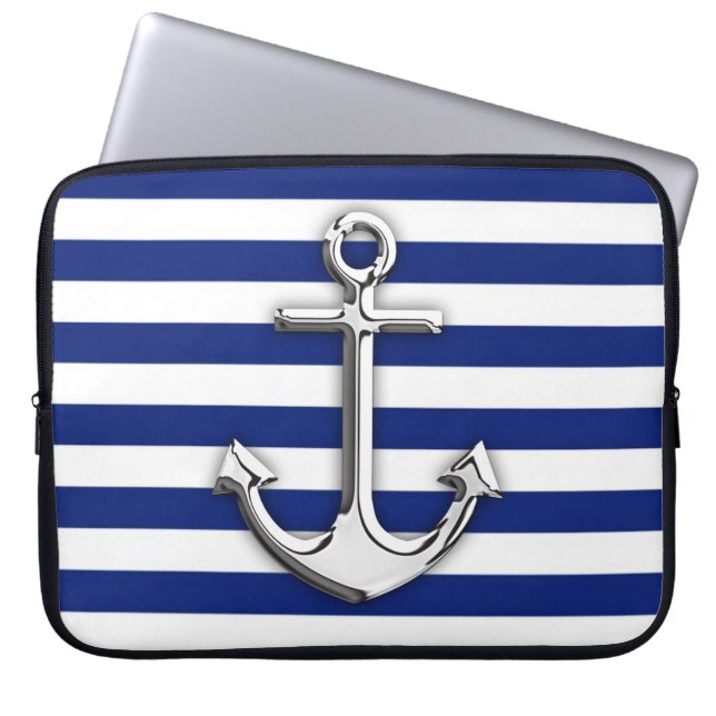 Chrome Like Anchor Graphic on Navy Stripes Laptop Sleeve (Front)