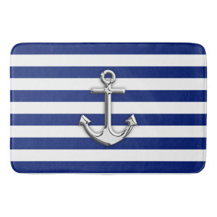 Chrome Like Anchor Nautical Navy Blue Stripes Bath Mat