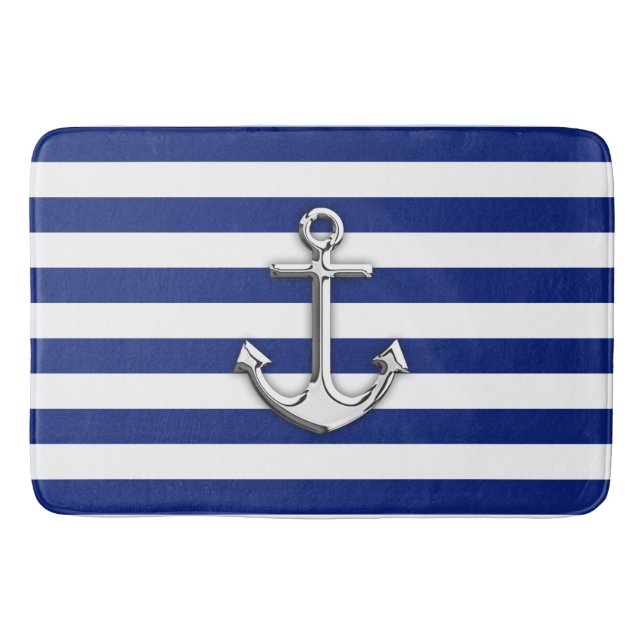 Chrome Like Anchor Nautical Navy Blue Stripes Bath Mat (Front)
