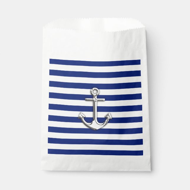 Chrome Like Anchor Nautical Navy Blue Stripes Favour Bags (Front)