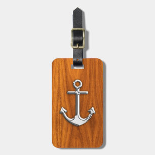 Chrome Like Anchor on Teak Veneer Luggage Tag