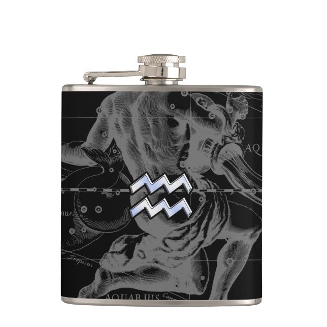 Chrome like Aquarius Sign on Hevelius Map Hip Flask (Front)