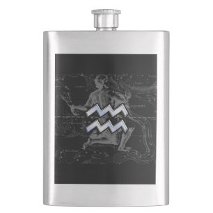 Chrome like Aquarius Zodiac Symbol on Hevelius Hip Flask