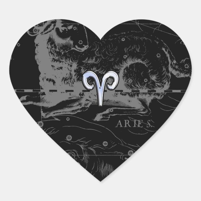 Chrome like Aries Zodiac Sign on Hevelius Black Heart Sticker (Front)