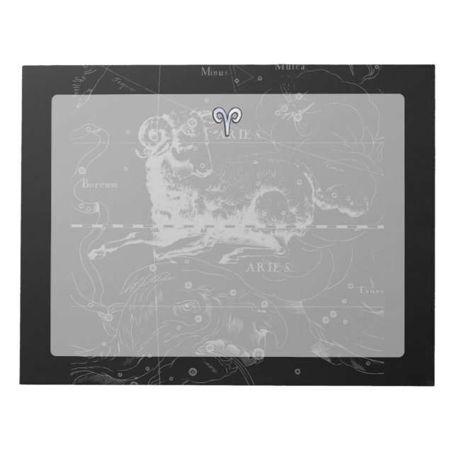 Chrome like Aries Zodiac Symbol on Hevelius 1690 Notepad (Front)