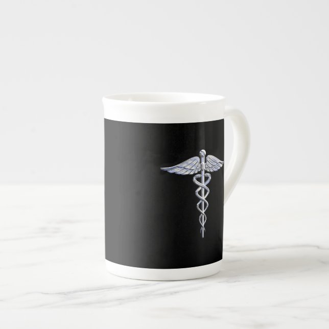 Chrome Like Caduceus Medical Symbol Bone China Mug (Front Right)
